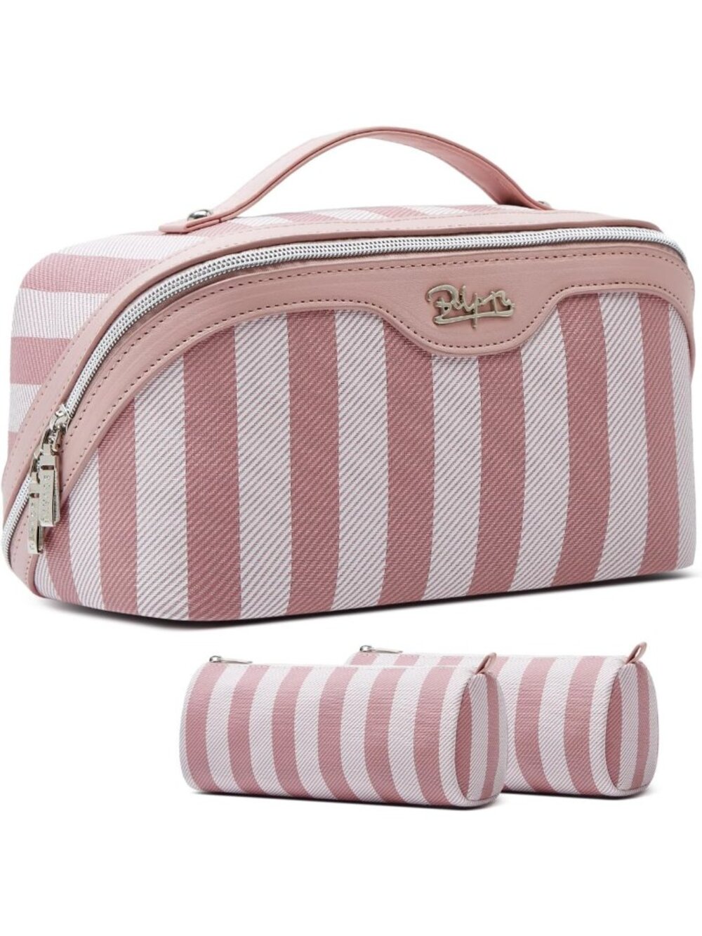 Travel Makeup Bag Set for Women - 3 Pcs Striped Pink Cosmetic Organizer